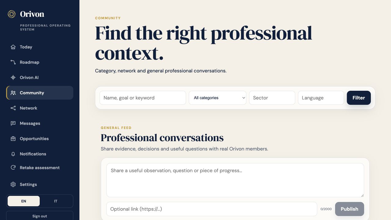 Orivon professional community in the QA application